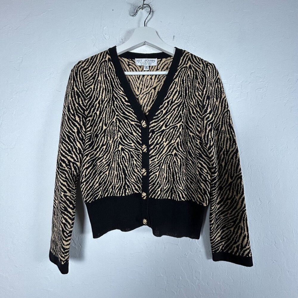 St. John Collection Marie Gray Zebra Print Cardigan Sweater Size 4 Black/Beige